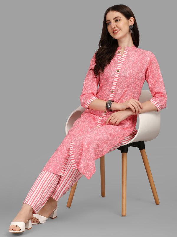 Women's Pink Color Cotton Kurti With Pant