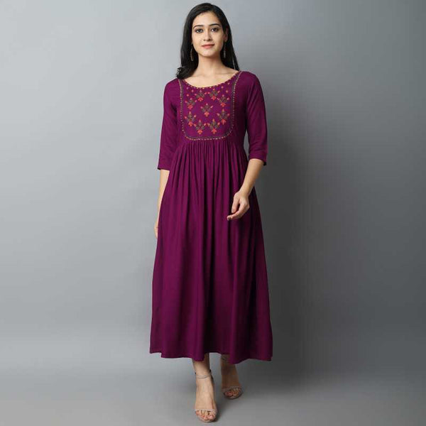 maroon rayon embroidery work kurti