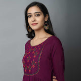 maroon rayon embroidery work kurti