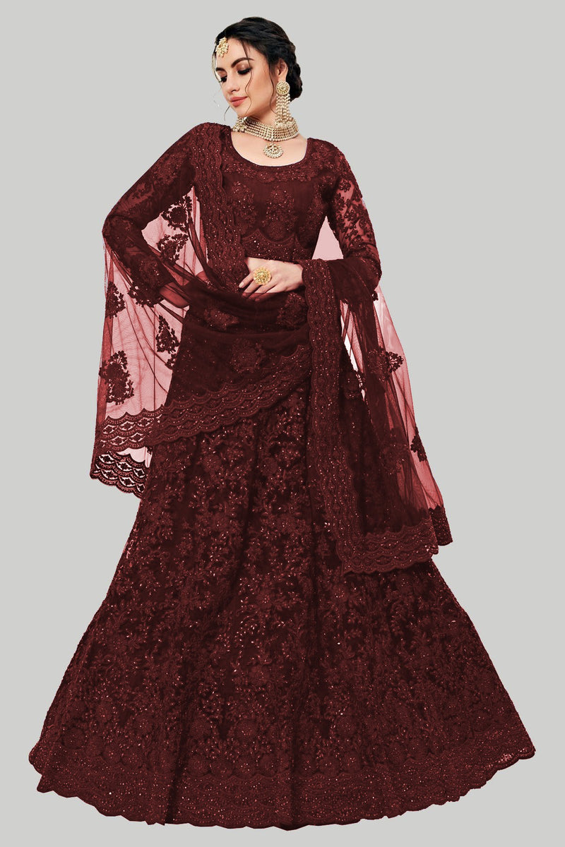 maroon designer net embroidery work lehenga choli for women