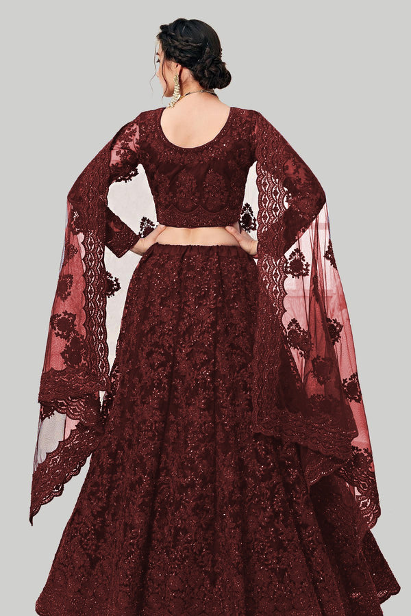 maroon designer net embroidery work lehenga choli for women