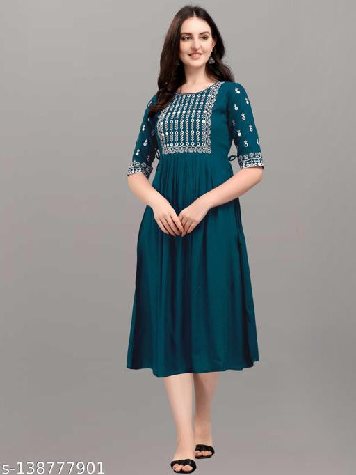 Blue rayon embroidery work half sleeve kurti