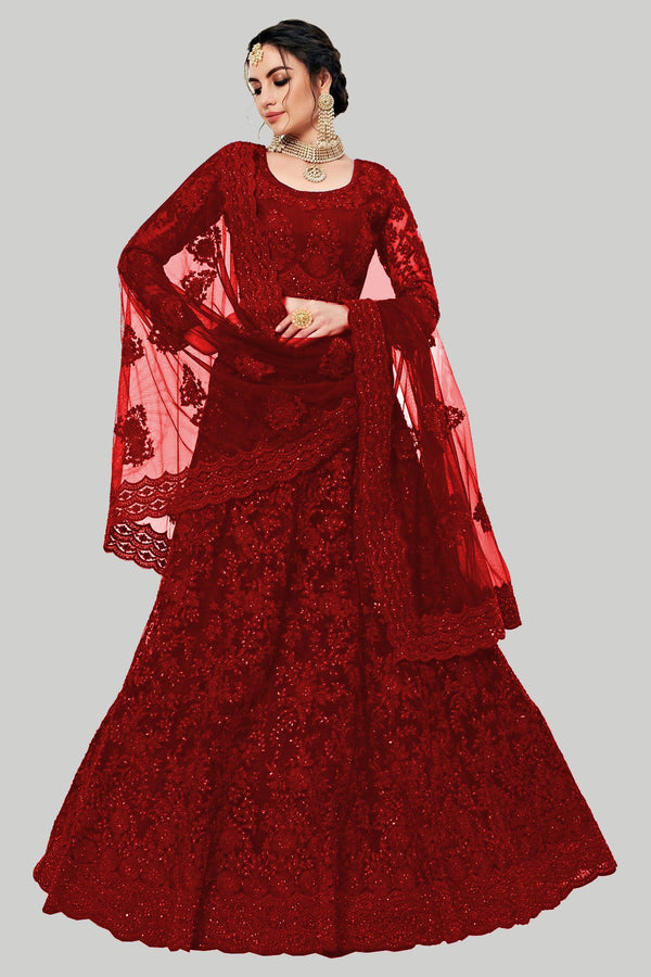 Red Designer Net Embroidery Work Lehenga Choli For Women