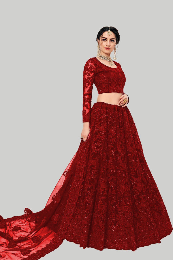 Red Designer Net Embroidery Work Lehenga Choli For Women