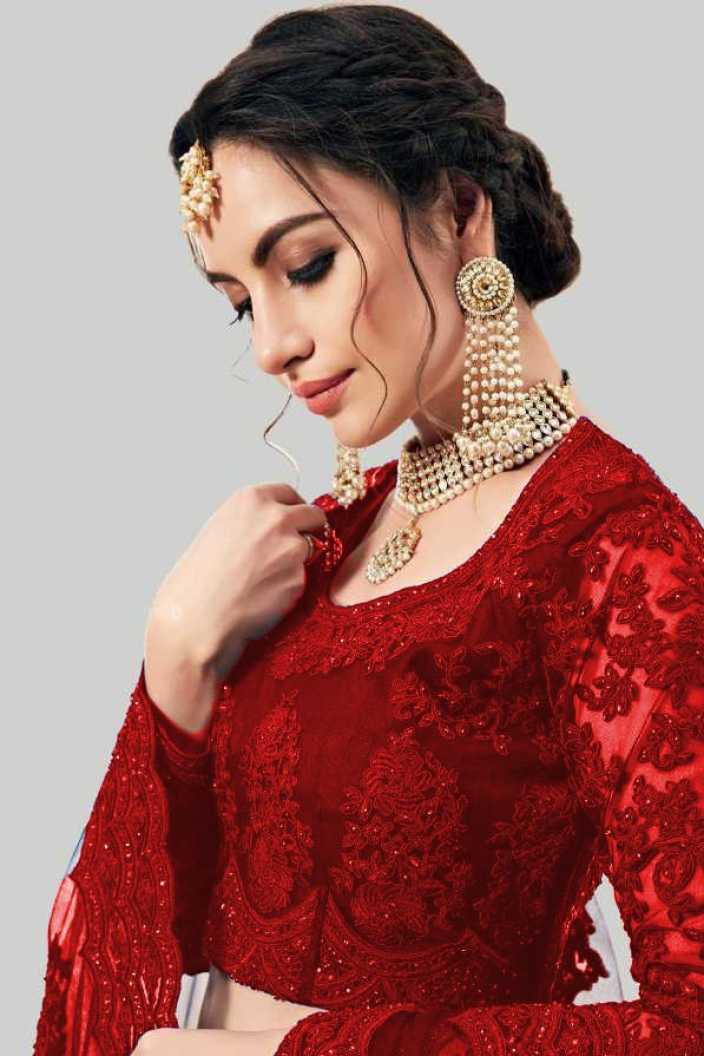 Red Designer Net Embroidery Work Lehenga Choli For Women