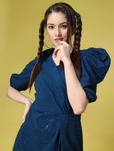 blue designer cotton round neck women's regular fit dress