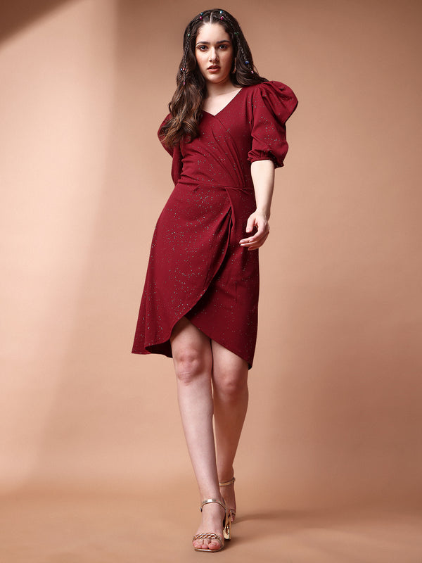 maroon designer cotton round neck women's regular fit dress