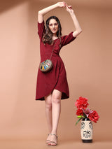 maroon designer cotton round neck women's regular fit dress