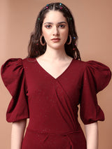 maroon designer cotton round neck women's regular fit dress