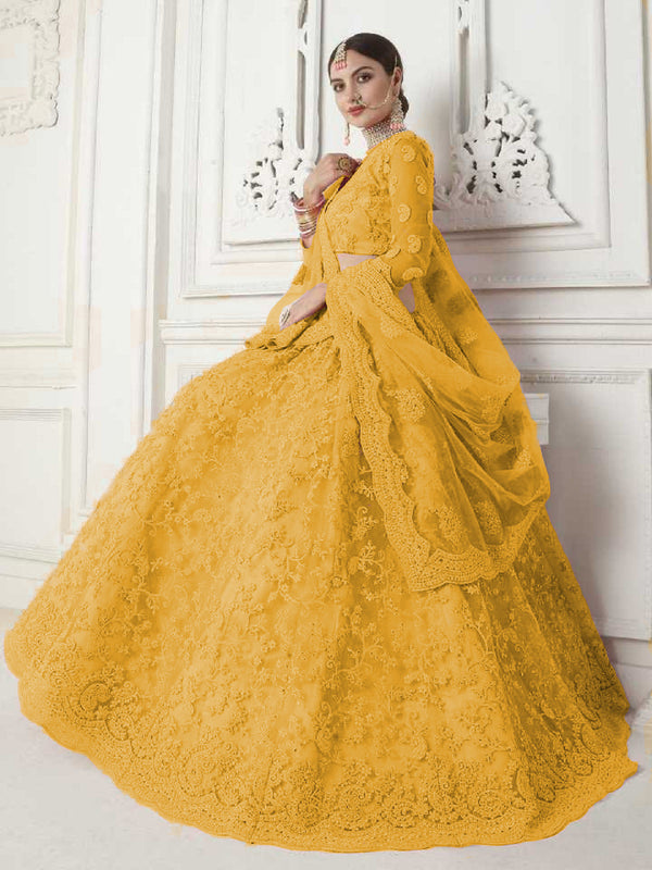 mustard designer net embroidery work lehenga choli for women