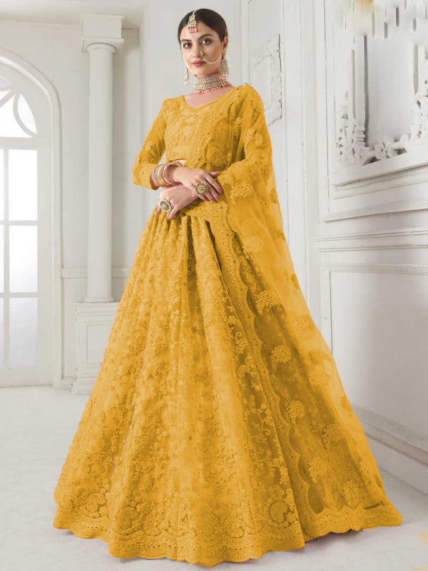 mustard designer net embroidery work lehenga choli for women