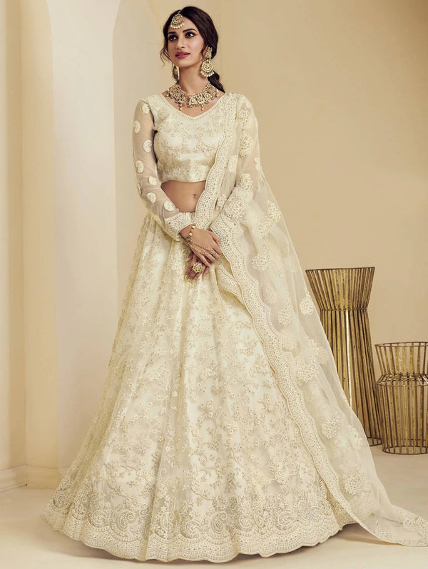 White Designer Net Embroidery Work Lehenga Choli For Women