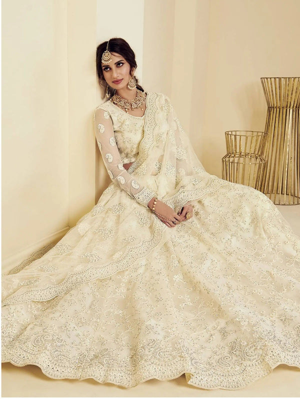 White Designer Net Embroidery Work Lehenga Choli For Women