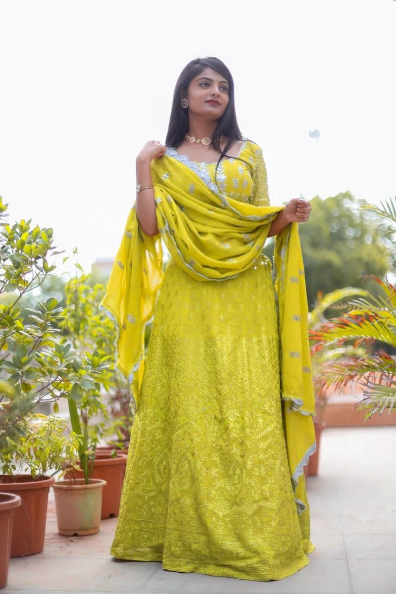 Yellow Gorgette Embroidery With Sequnce Lehengha Choli With Dupatta  For Women's