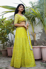 Yellow Gorgette Embroidery With Sequnce Lehengha Choli With Dupatta  For Women's