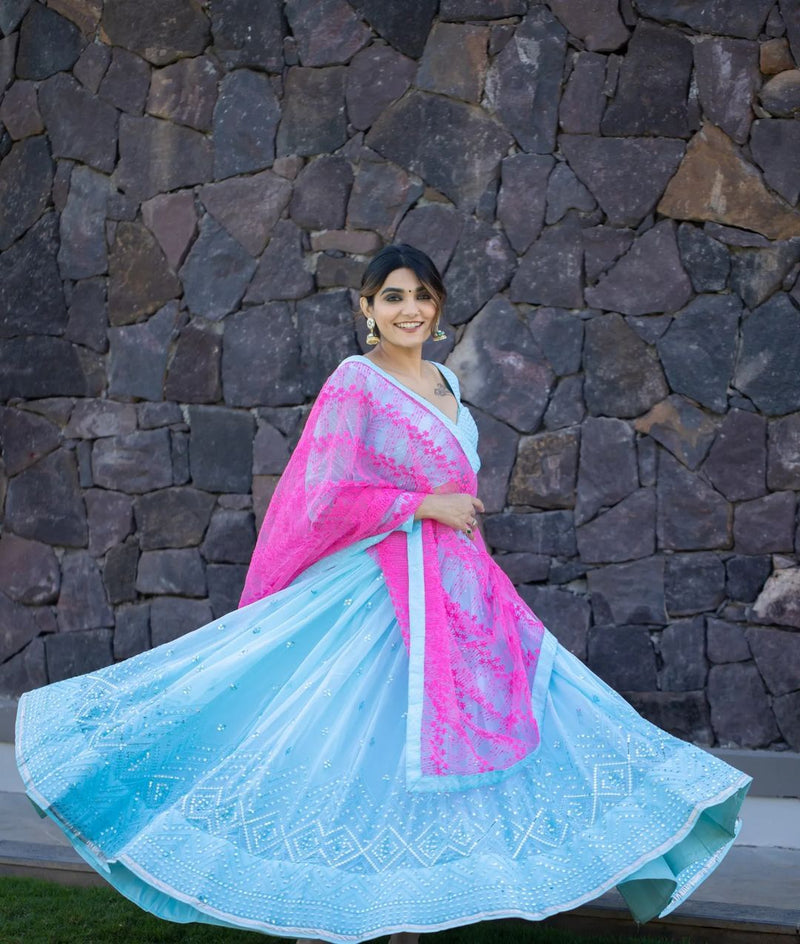 Sky Blue Gorgette Lehengha Choli With Dupata Wedding Wear For Women