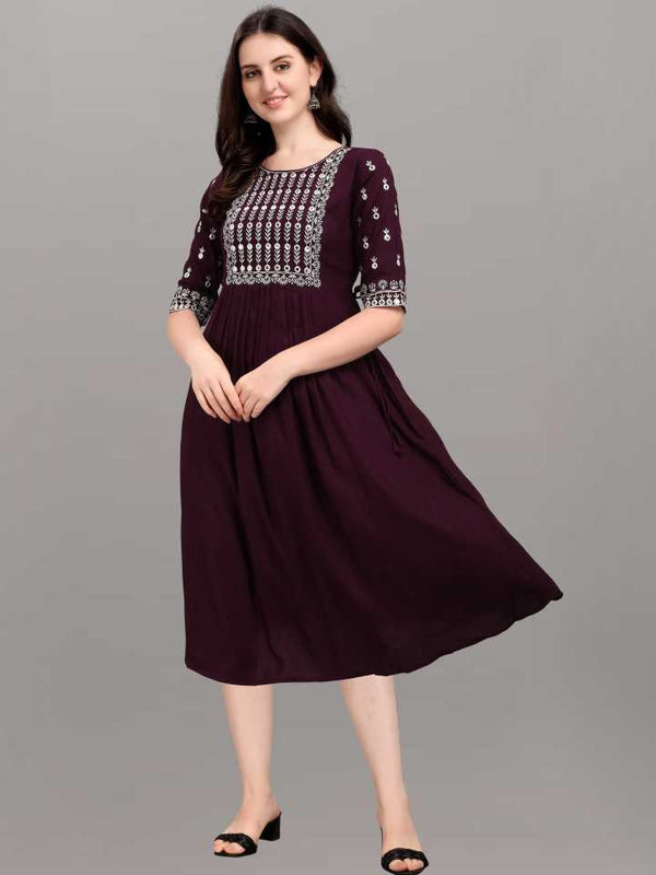 WINE RAYON EMBRODERY WORK HALF SLEEVE KURTI