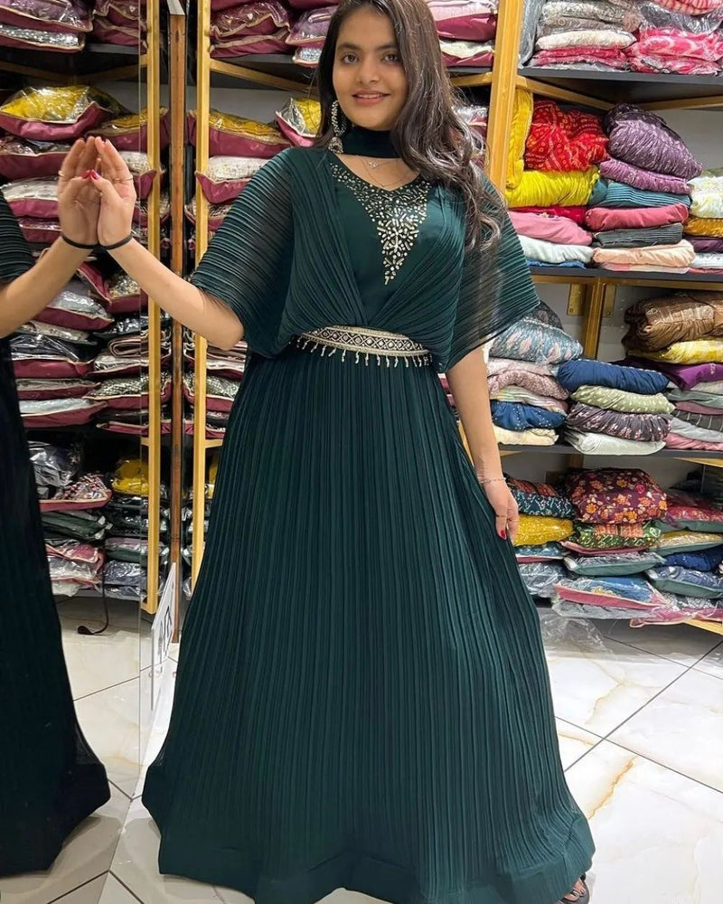 Sastha Fashion Traditional Ethnic Silk Fabric Checked Pattern Sleeveless  Long Length Green Colour Ruffle Style Flared Gown With Attached Coat For  Girls ( S , M , L , XL , XXL , XXXL )