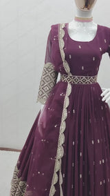 Wine  Georgette With Sequence  Long Gown For Women