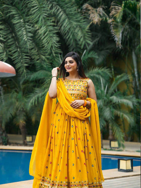 heavy fox gorgette embroidery gown with dupatta.