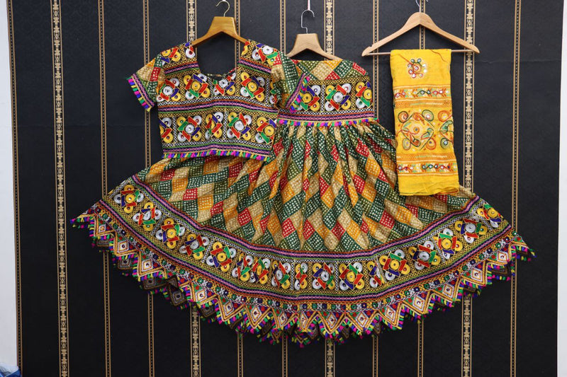 Multicolored Traditional  Heavy Cotton With Bandhani Print  Lehenga Choli For Kid's Wear