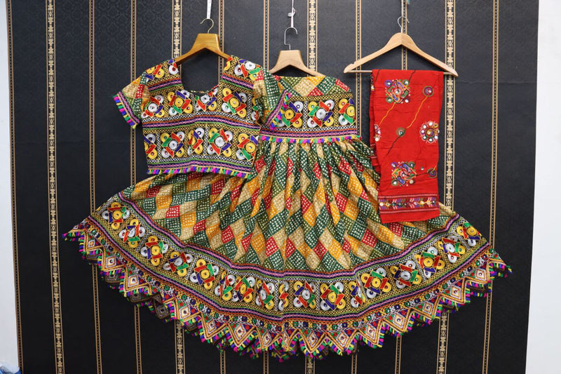 multicolored  traditional heavy cotton with bandhani print  lehenga choli for kid's wear