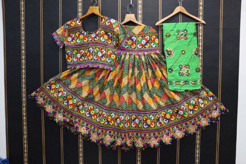multicolored traditional heavy cotton with bandhani print  lehenga choli for kid's wear