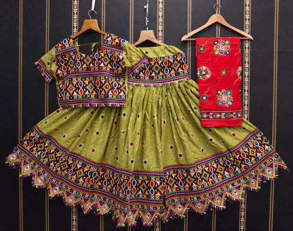 green traditional heavy cotton with bandhani print  lehenga choli for kid's wear