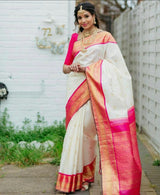 White And Pink Soft Lichi Silk Saree For Women