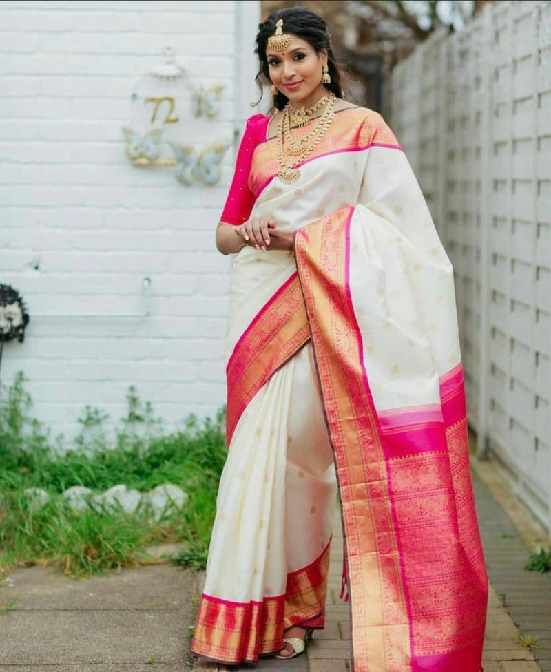 White And Pink Soft Lichi Silk Saree For Women