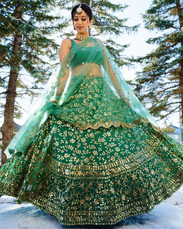 green georgette designer embroidery work lehenga choli for women's