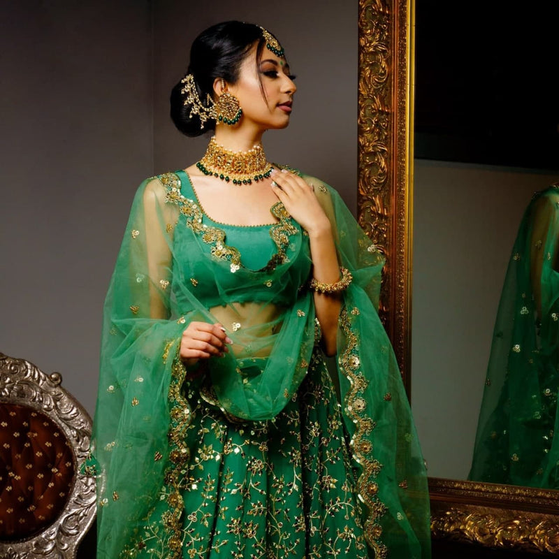green georgette designer embroidery work lehenga choli for women's