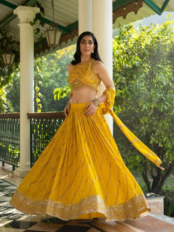 Yellow New Stylist Georgette Embroidery With Sequence Work Lehenga Choli For Women