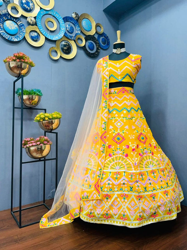 Yellow New Stylist Georgette Embroidery With Sequence Lehenga Choli For Women