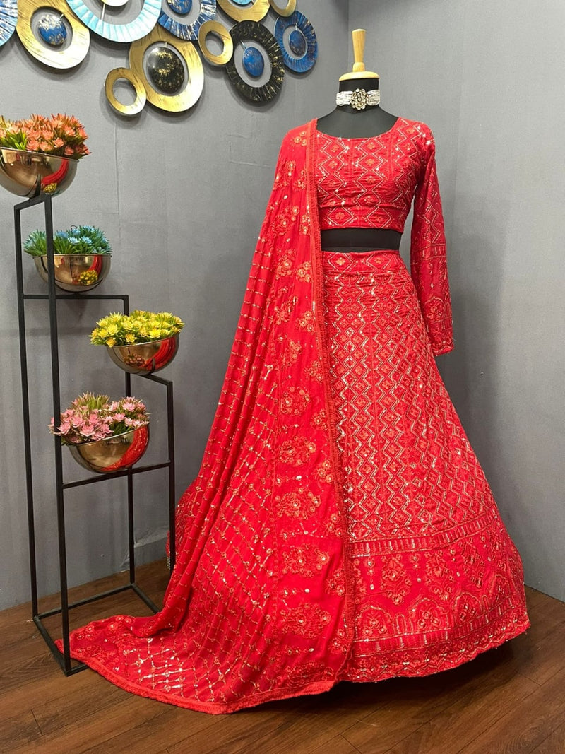 Red New Stylist Georgette Embroidery With Sequence Work Lehenga Choli For Women