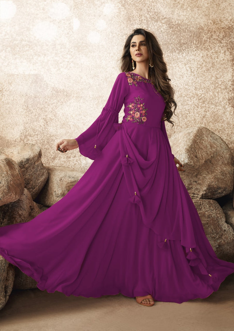 Wine Designer Heavy Georgette  Embroidery Gown For Women