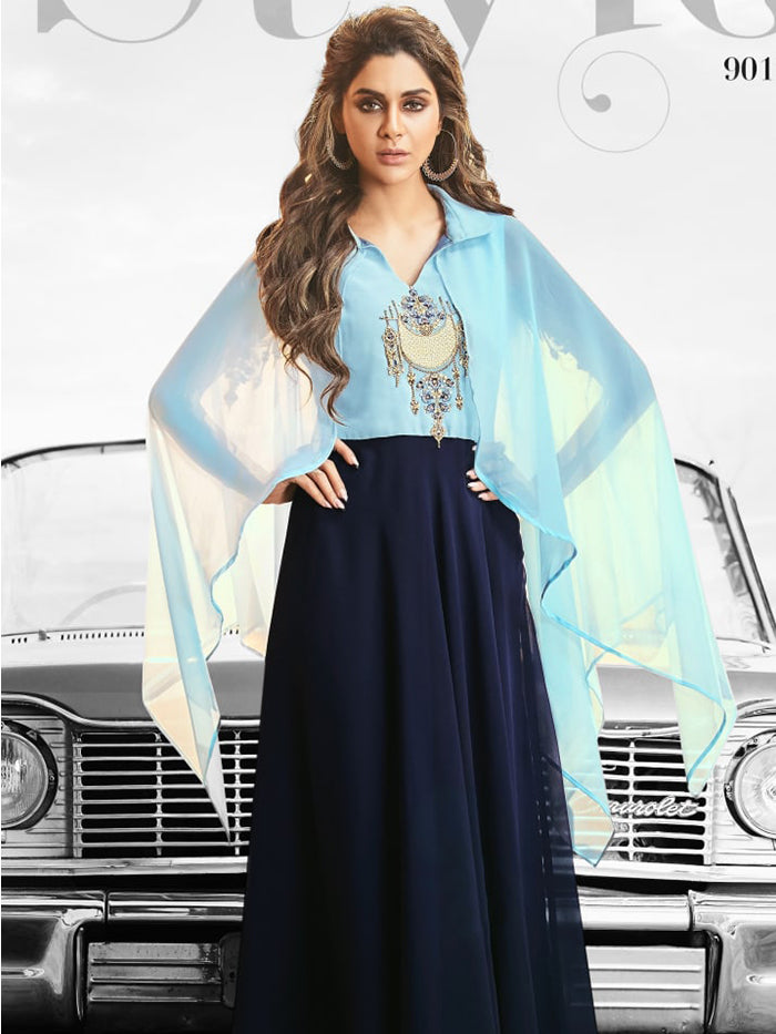 Sky Blue Designer Heavy Georgette  Embroidery Gown For Women