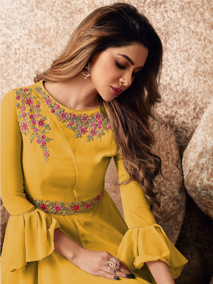 Yellow Designer Heavy Georgette  Embroidery Gown For Women