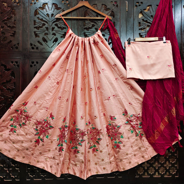 peach heavy satin embroidery work lehenga choli  for women