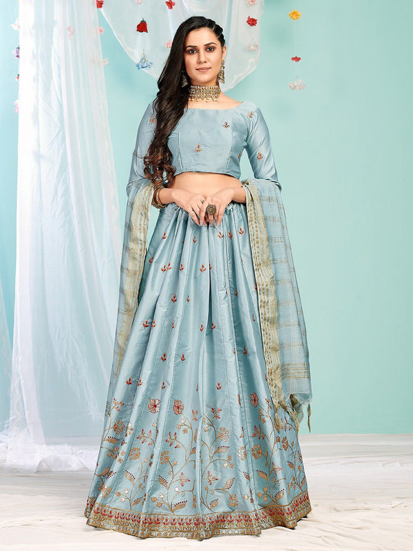 Sky Blue Heavy Malasi  Satin Embroidery Work Lehenga Choli  For Women