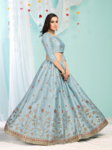 Sky Blue Heavy Malasi  Satin Embroidery Work Lehenga Choli  For Women