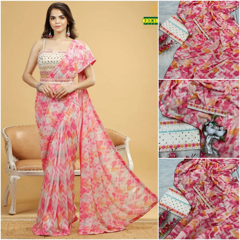 pink  digital print georgette sequence embroidery belt   saree for women
