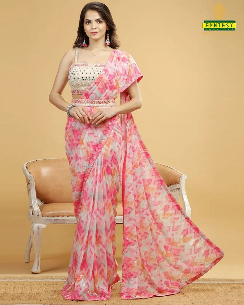 pink  digital print georgette sequence embroidery belt   saree for women