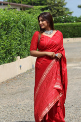 Red Cotton Viscous Nylon Dyeing With Weaving Sequence  Fancy Saree For Women