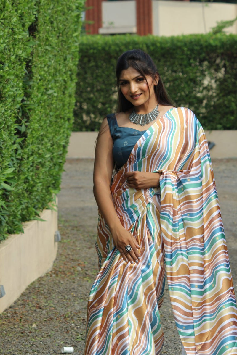 multi color digital japan satin silk printed  fancy saree for women