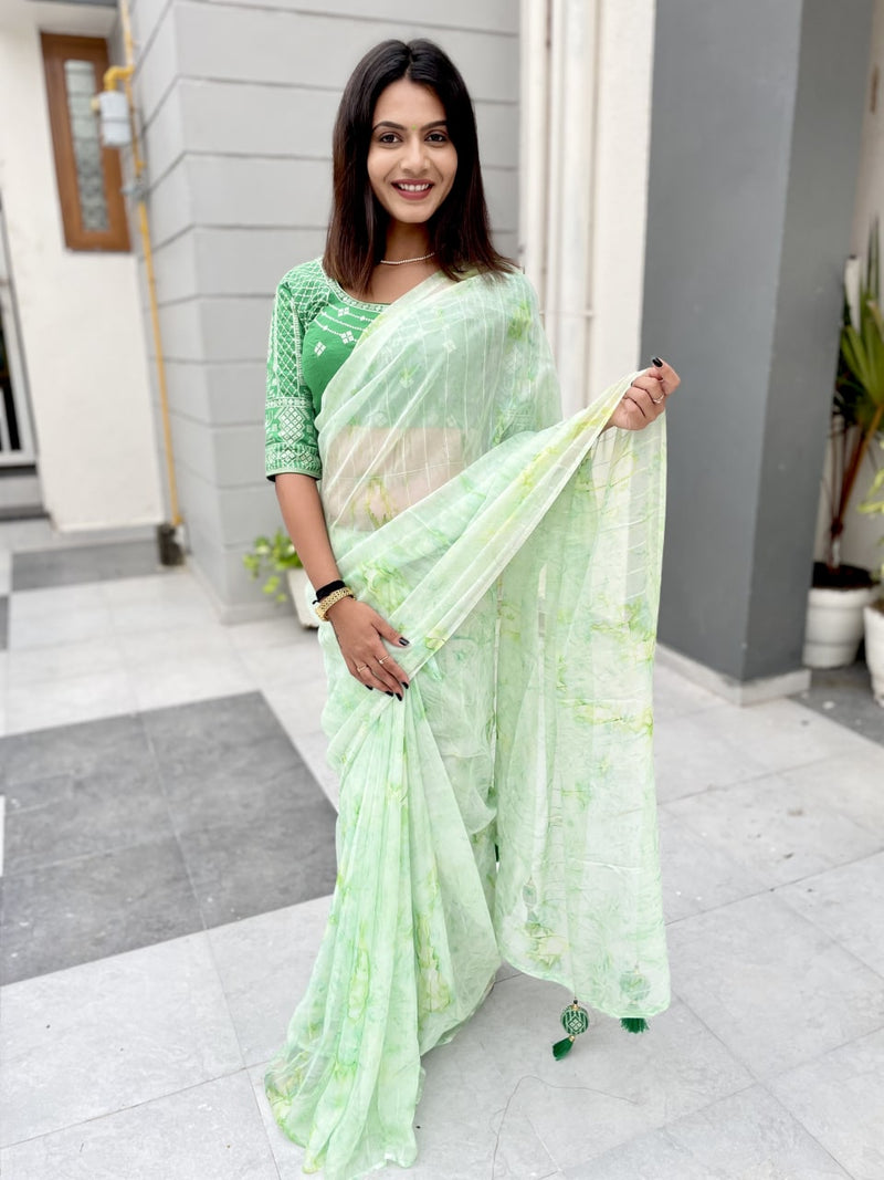 light green prizam organza printed & weaving sequence saree for women