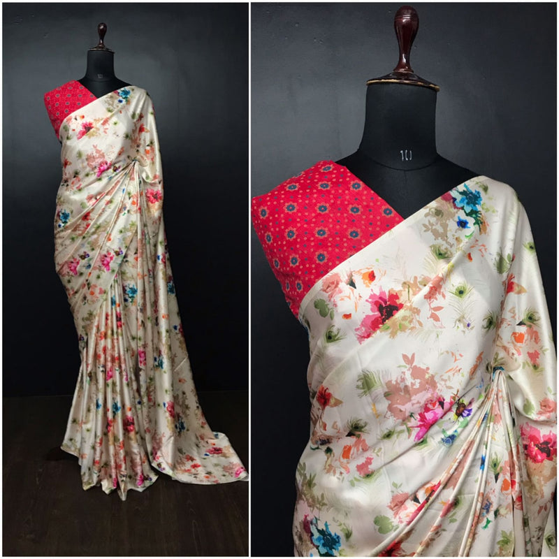 White Multi color Digital Japan Satin Silk Printed Saree For Women