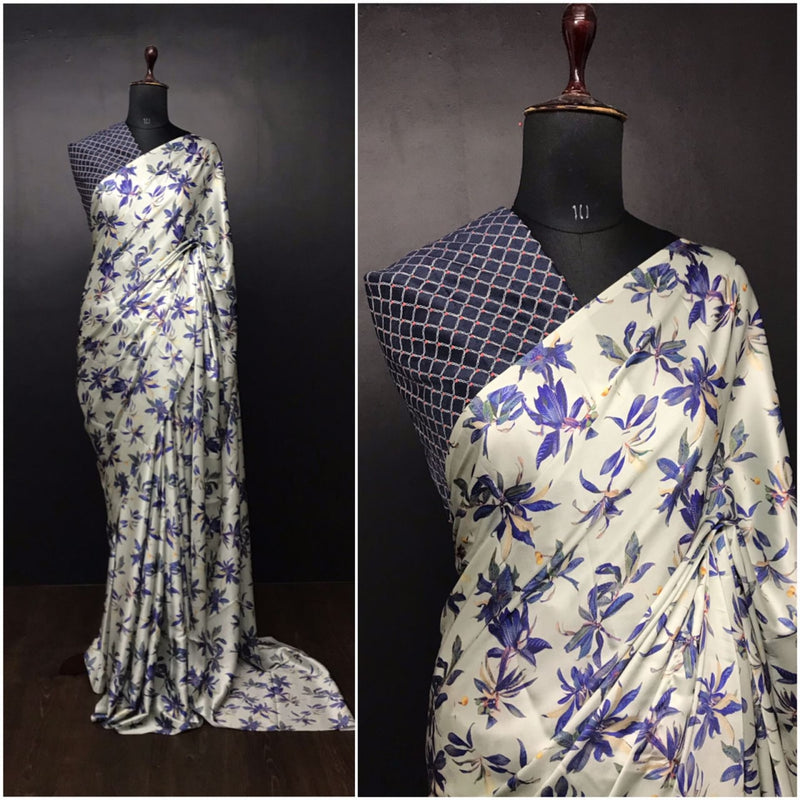 White Multi color Digital Japan Satin Silk Printed Saree For Women