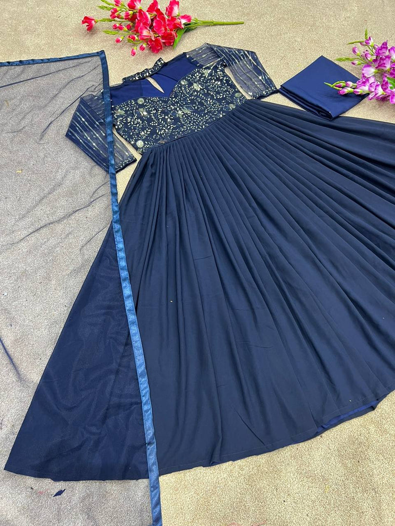 navy blue georgette  with embroidery sequence work long gown for women