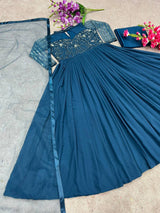 navy blue georgette  with embroidery sequence work long gown for women